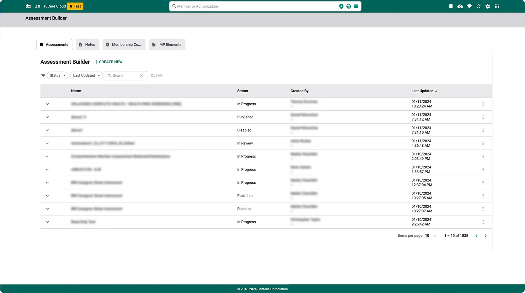 Assessments dashboard view