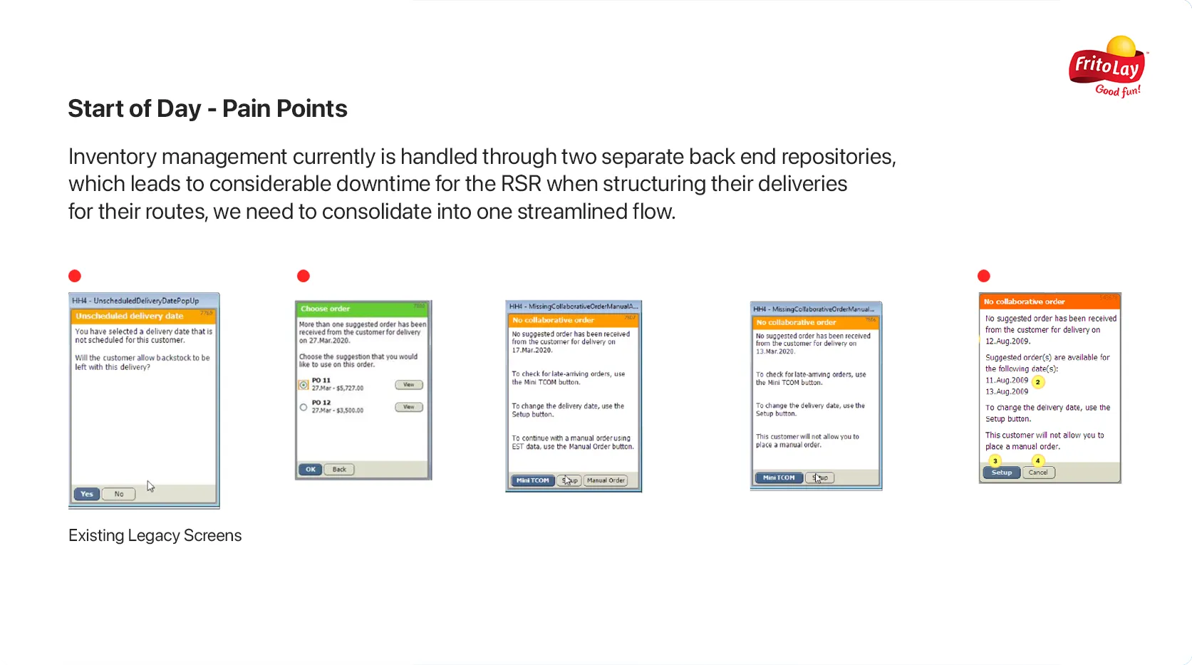 Legacy screens showing disconnected workflows and redundant data entry
