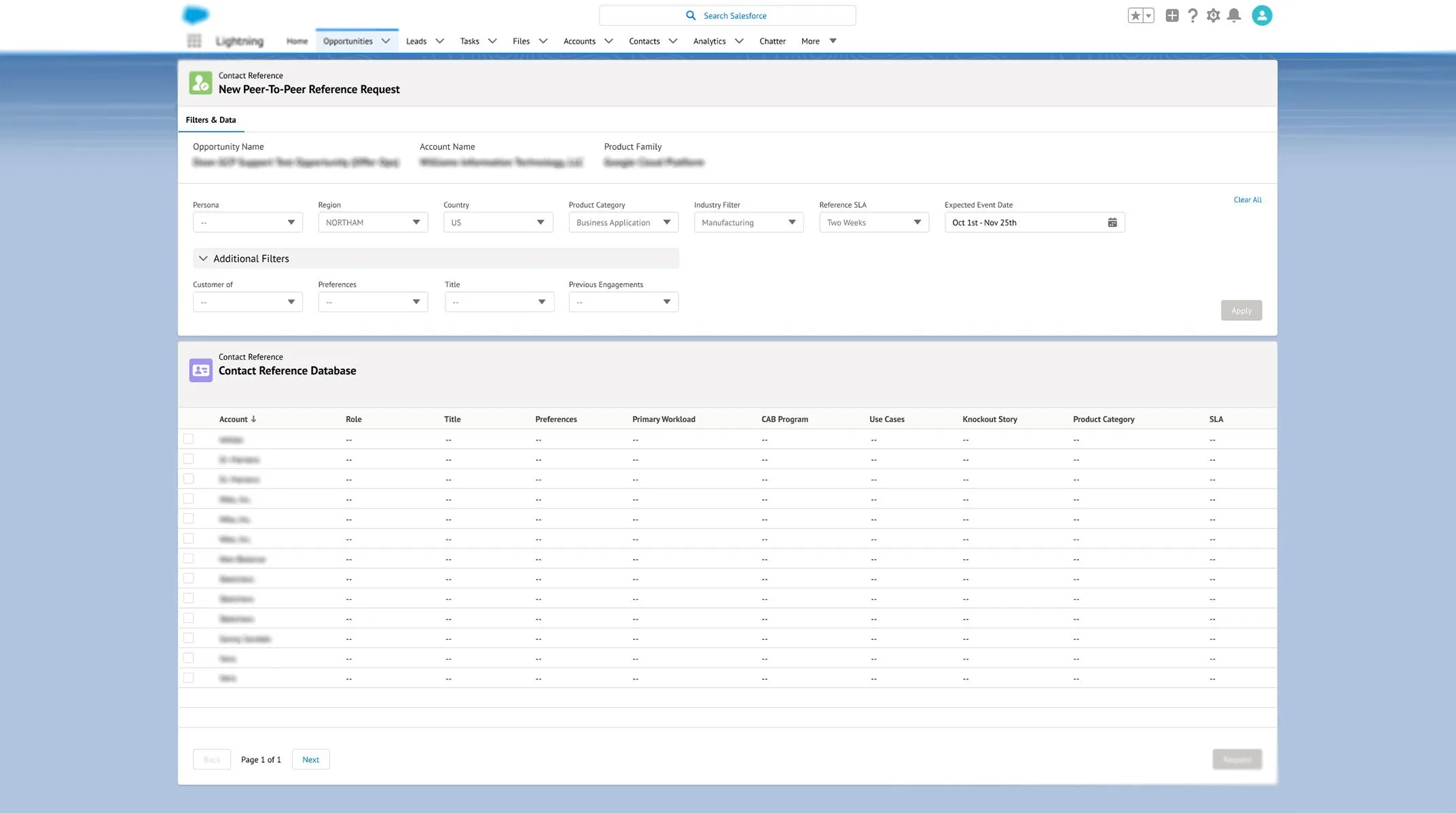 The peer-to-peer reference request flow with filters for region, product, and industry