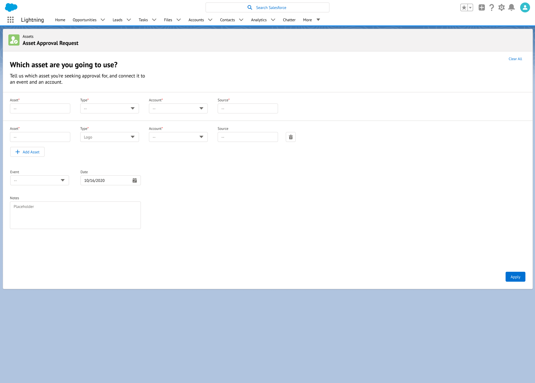 The asset approval request flow. Teams select assets, link them to events and accounts, and submit for approval.