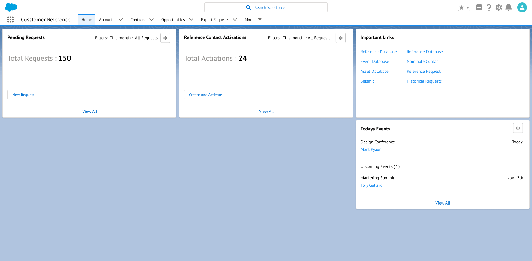 The Customer Reference dashboard. Requests, activations, links, and upcoming events in one view.